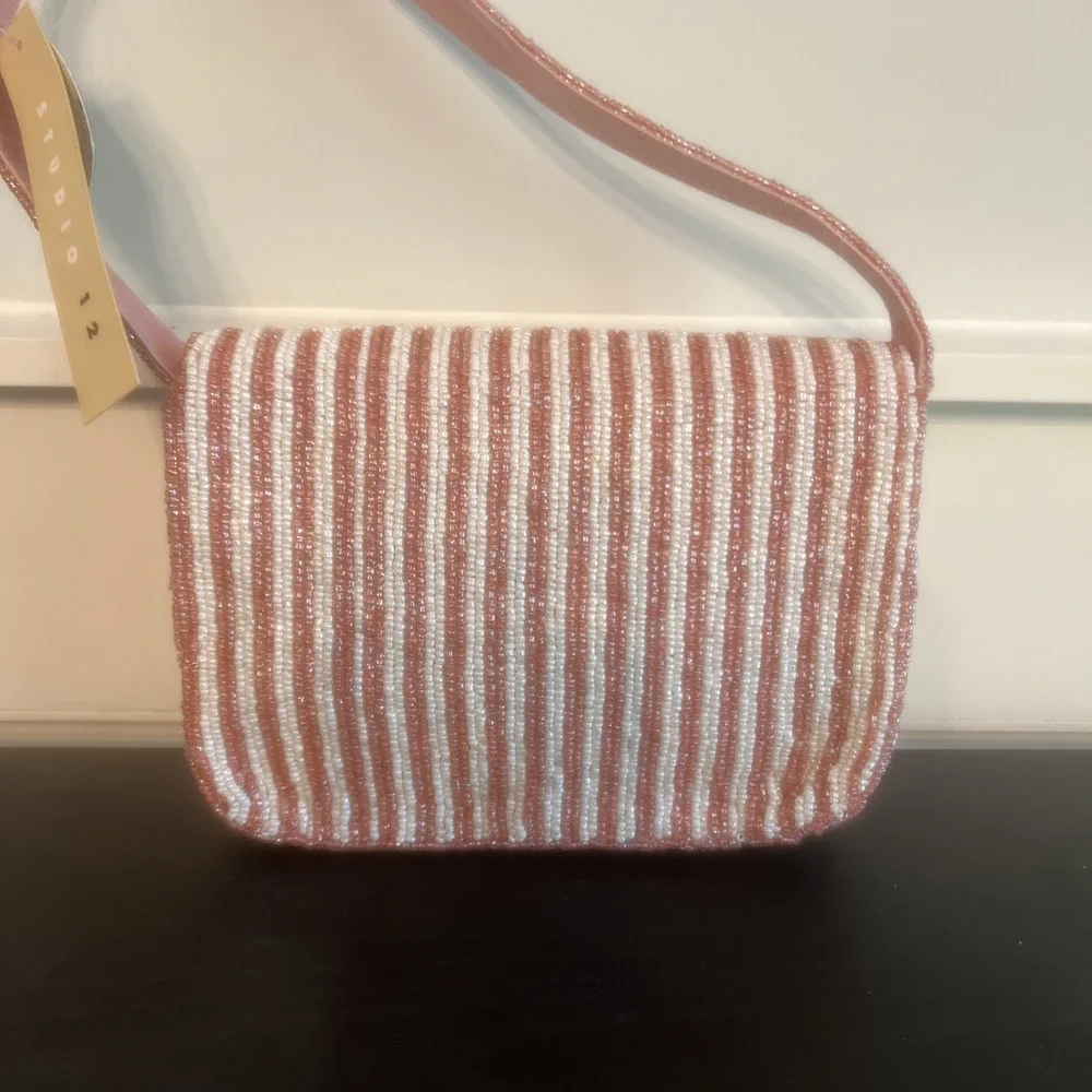 NEW-Handcrafted In India Beaded Shoulder Bag Pink White Stripes Rhinestones